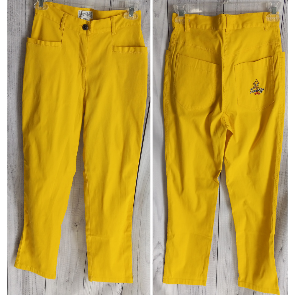RARE VTG 90s JC de Castelbajac TWEETY Canary Yellow Slim Pants US 0 Looney Tunes